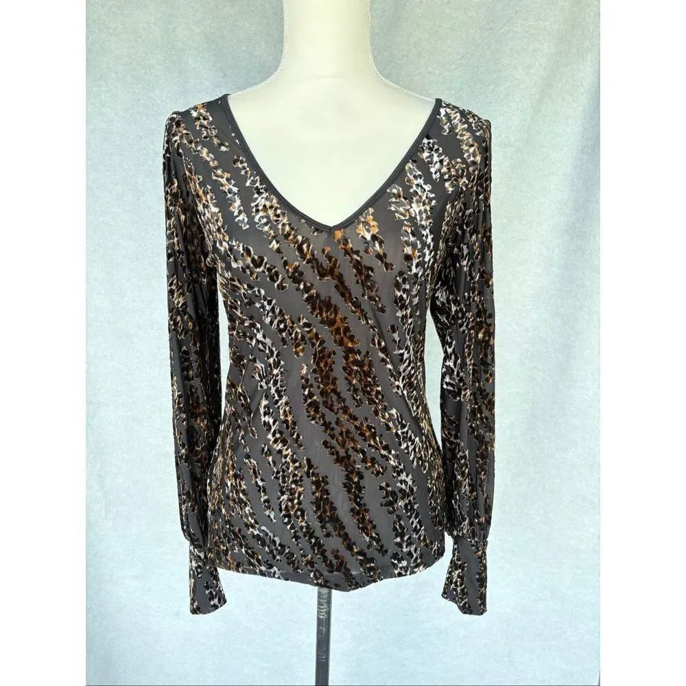 Karen Kane Sheer Animal Print Top M Long Sleeve Velvet Burnout Y2K Whimsigoth